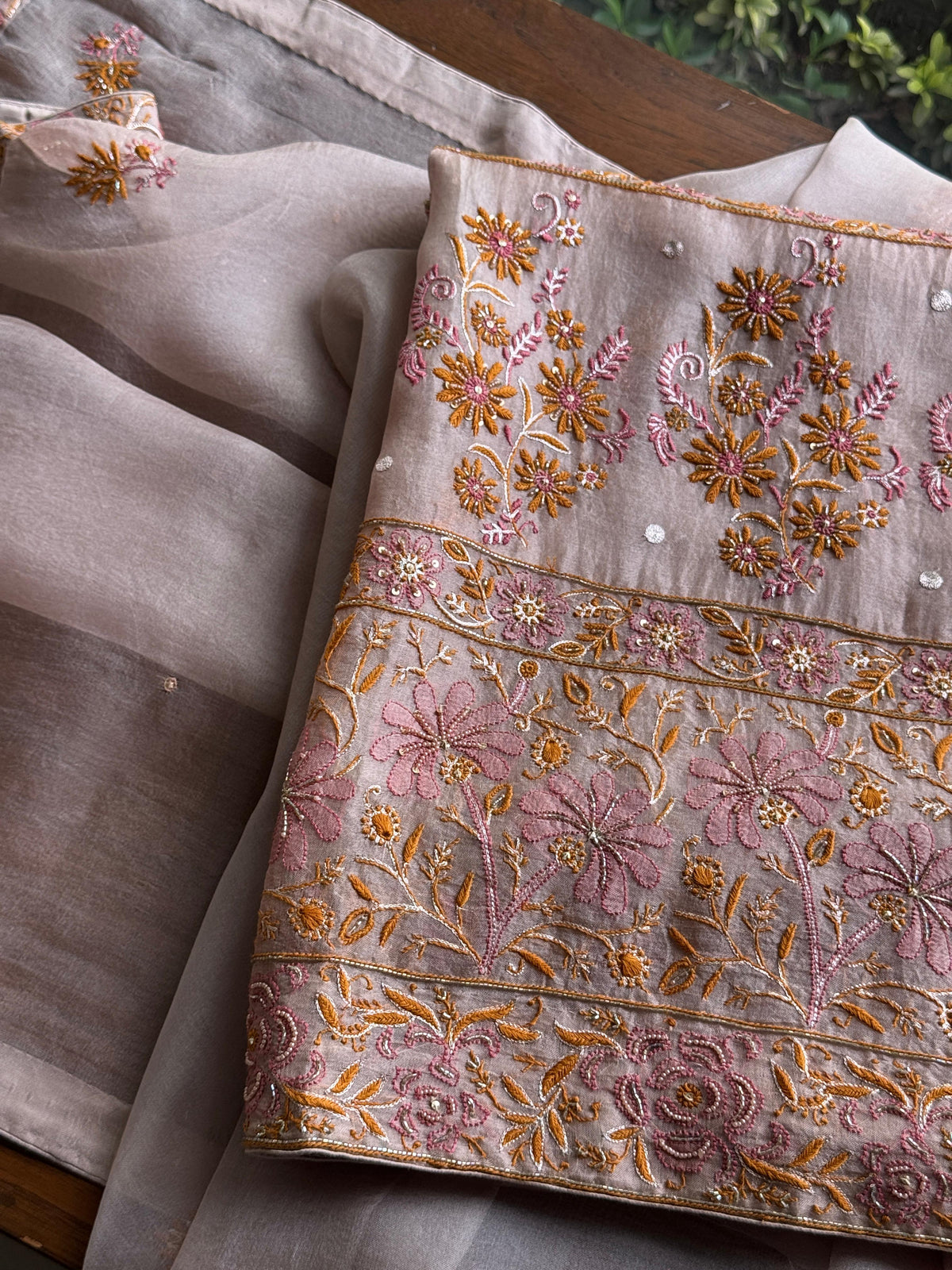 Pastel Lavender Organza Banarasi Silk Chikankari Unstitched Kurta Dupatta Set