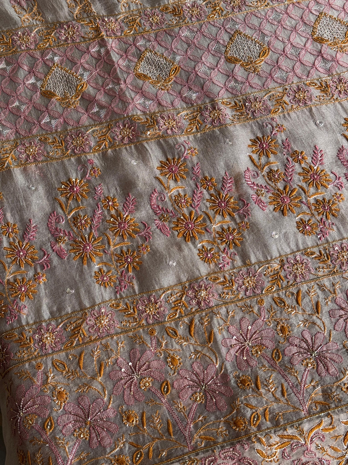 Pastel Lavender Organza Banarasi Silk Chikankari Unstitched Kurta Dupatta Set