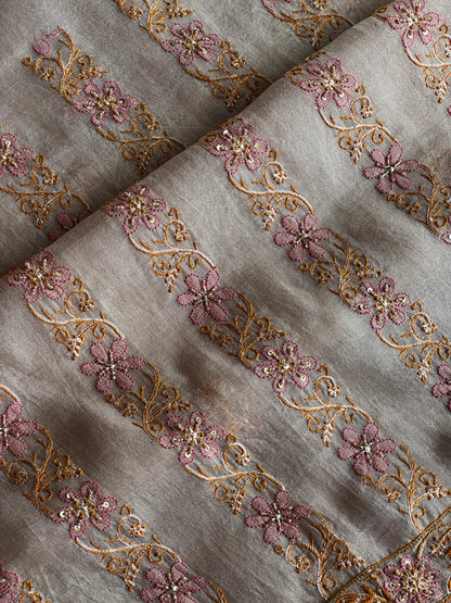 Pastel Lavender Organza Banarasi Silk Chikankari Unstitched Kurta Dupatta Set
