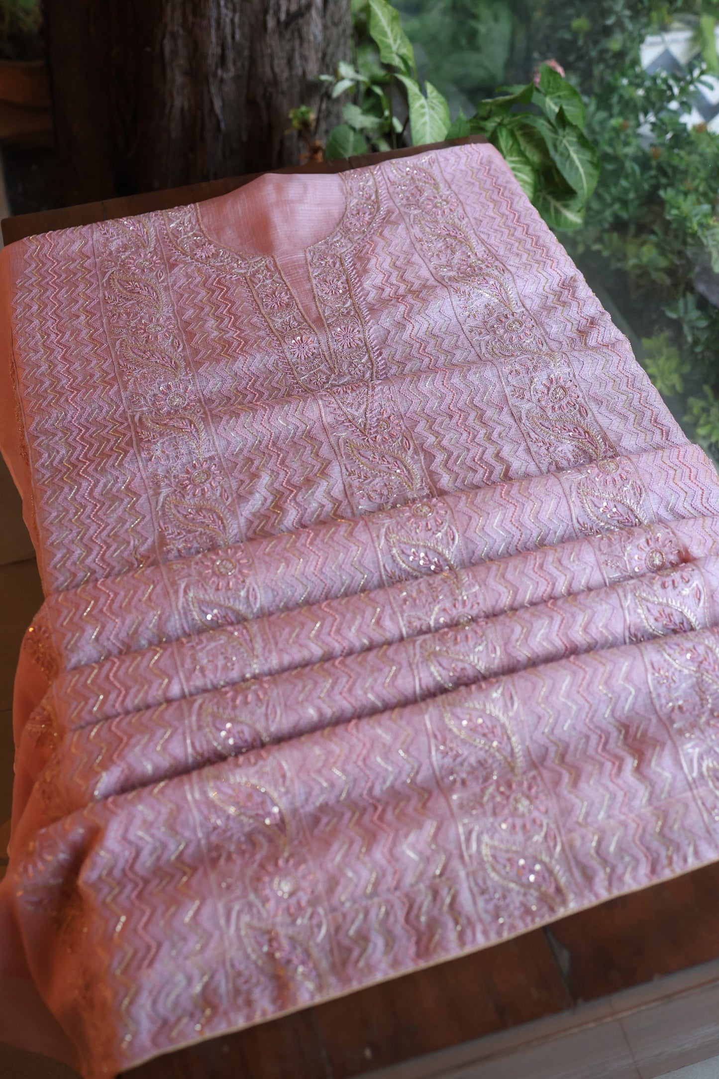 Pastel Mauve Rasm Kota Tussar Chikankari Unstitched Chikankari Fabrics