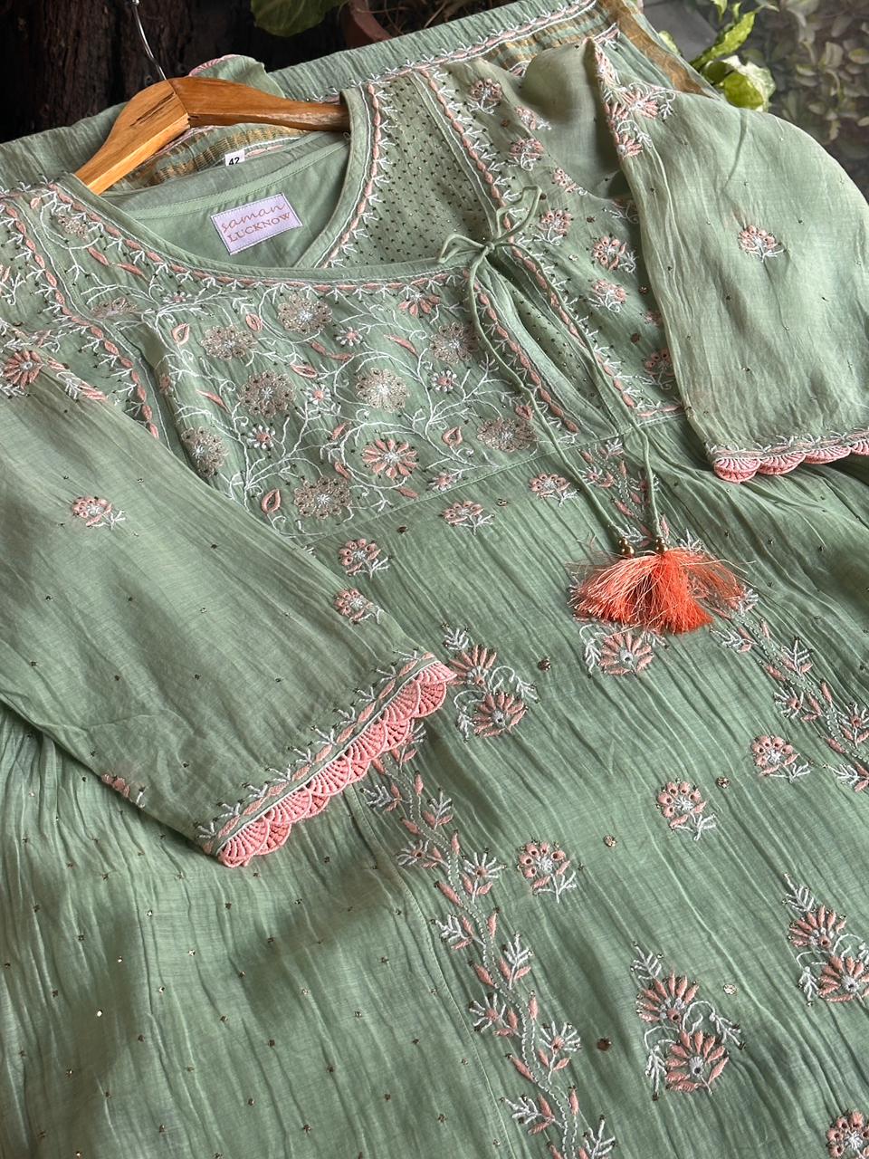Pastel Olive Shade Malmal Mukaish Kamdani Chikankari Stitched Kurta Dupatta Set