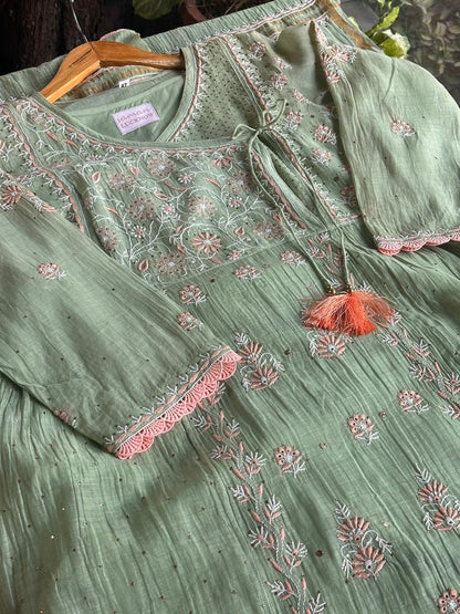 Pastel Olive Shade Malmal Mukaish Kamdani Chikankari Stitched Kurta Dupatta Set