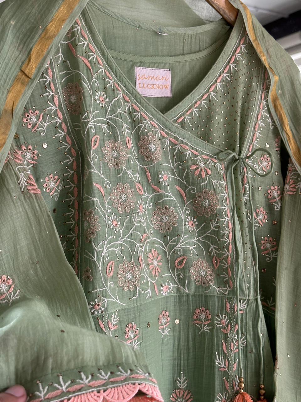 Pastel Olive Shade Malmal Mukaish Kamdani Chikankari Stitched Kurta Dupatta Set