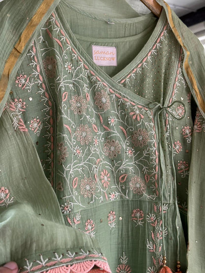 Pastel Olive Shade Malmal Mukaish Kamdani Chikankari Stitched Kurta Dupatta Set
