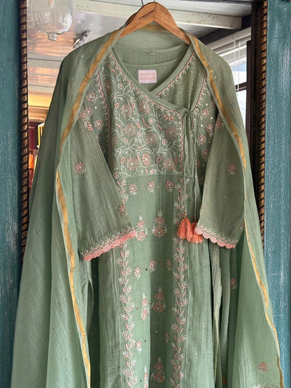 Pastel Olive Shade Malmal Mukaish Kamdani Chikankari Stitched Kurta Dupatta Set