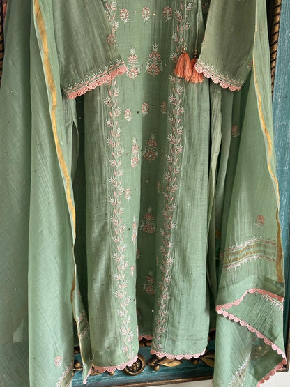 Pastel Olive Shade Malmal Mukaish Kamdani Chikankari Stitched Kurta Dupatta Set