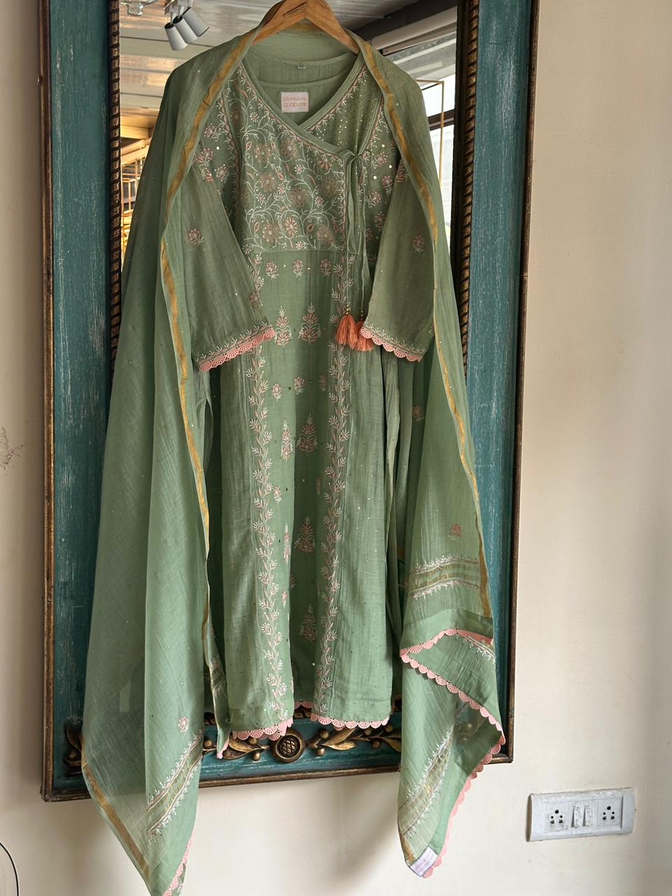 Pastel Olive Shade Malmal Mukaish Kamdani Chikankari Stitched Kurta Dupatta Set