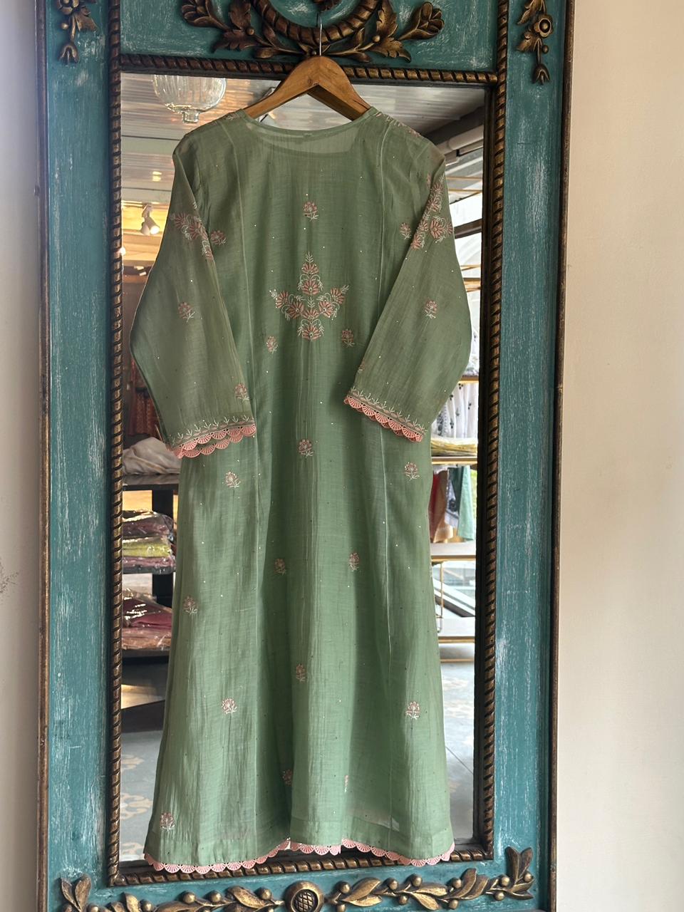 Pastel Olive Shade Malmal Mukaish Kamdani Chikankari Stitched Kurta Dupatta Set