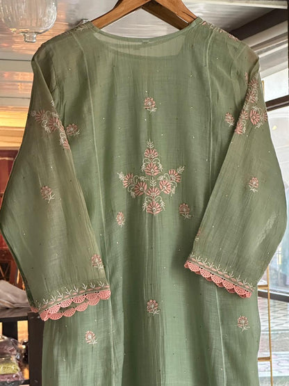 Pastel Olive Shade Malmal Mukaish Kamdani Chikankari Stitched Kurta Dupatta Set
