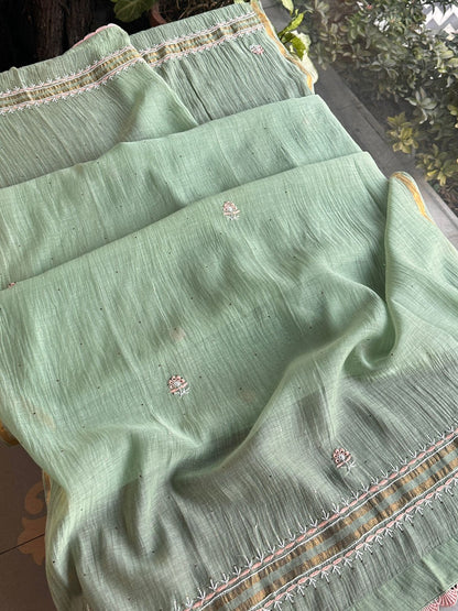 Pastel Olive Shade Malmal Mukaish Kamdani Chikankari Stitched Kurta Dupatta Set