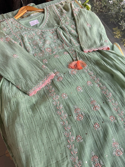 Pastel Olive Shade Malmal Mukaish Kamdani Chikankari Stitched Kurta Dupatta Set