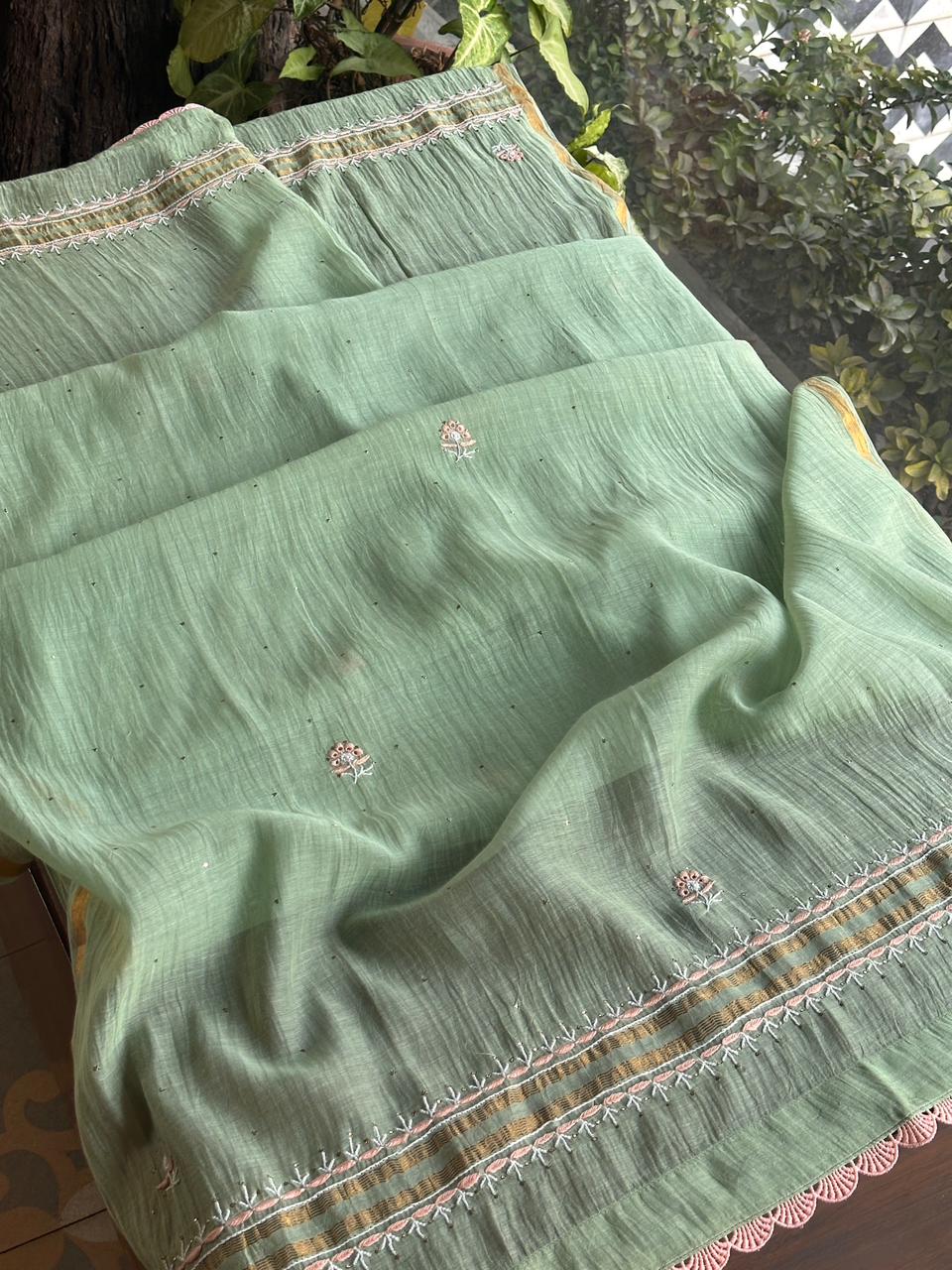 Pastel Olive Shade Malmal Mukaish Kamdani Chikankari Stitched Kurta Dupatta Set