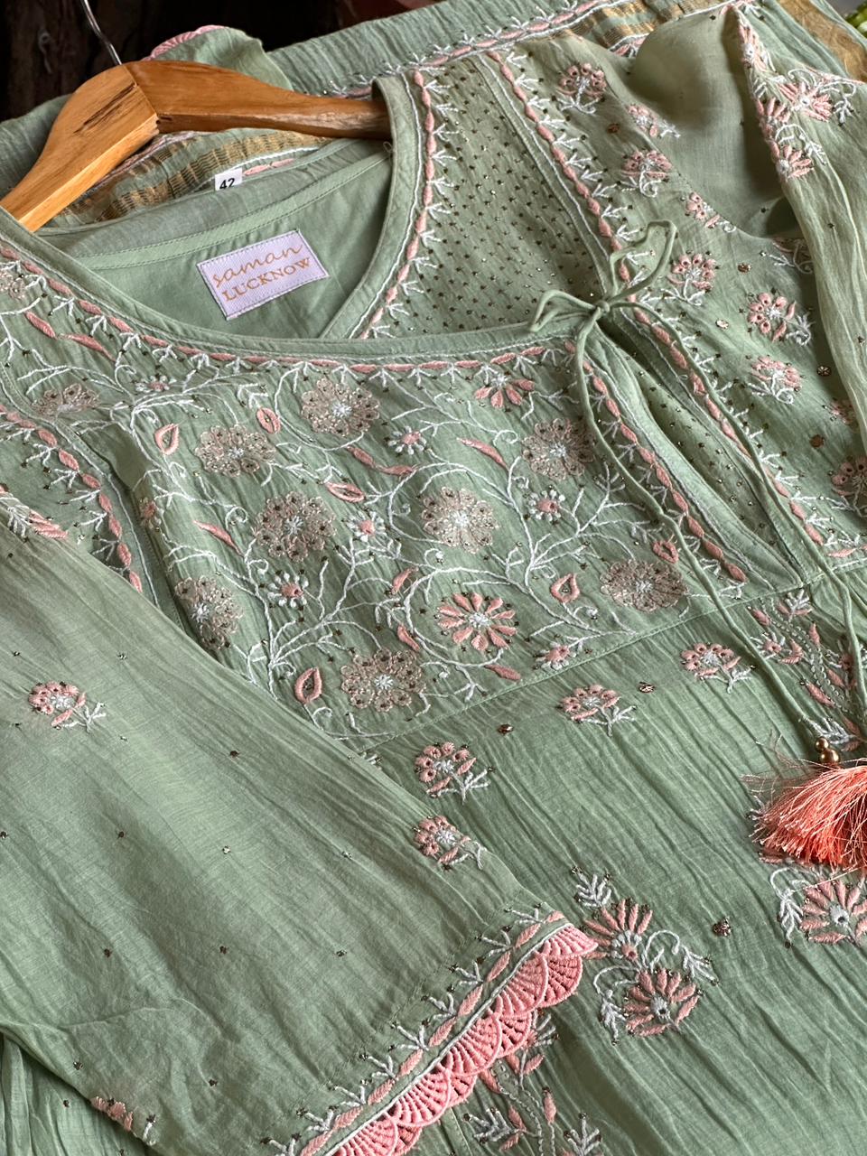 Pastel Olive Shade Malmal Mukaish Kamdani Chikankari Stitched Kurta Dupatta Set