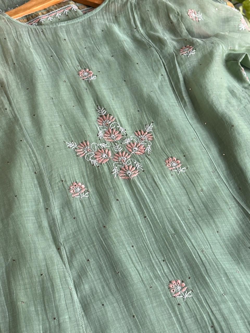 Pastel Olive Shade Malmal Mukaish Kamdani Chikankari Stitched Kurta Dupatta Set