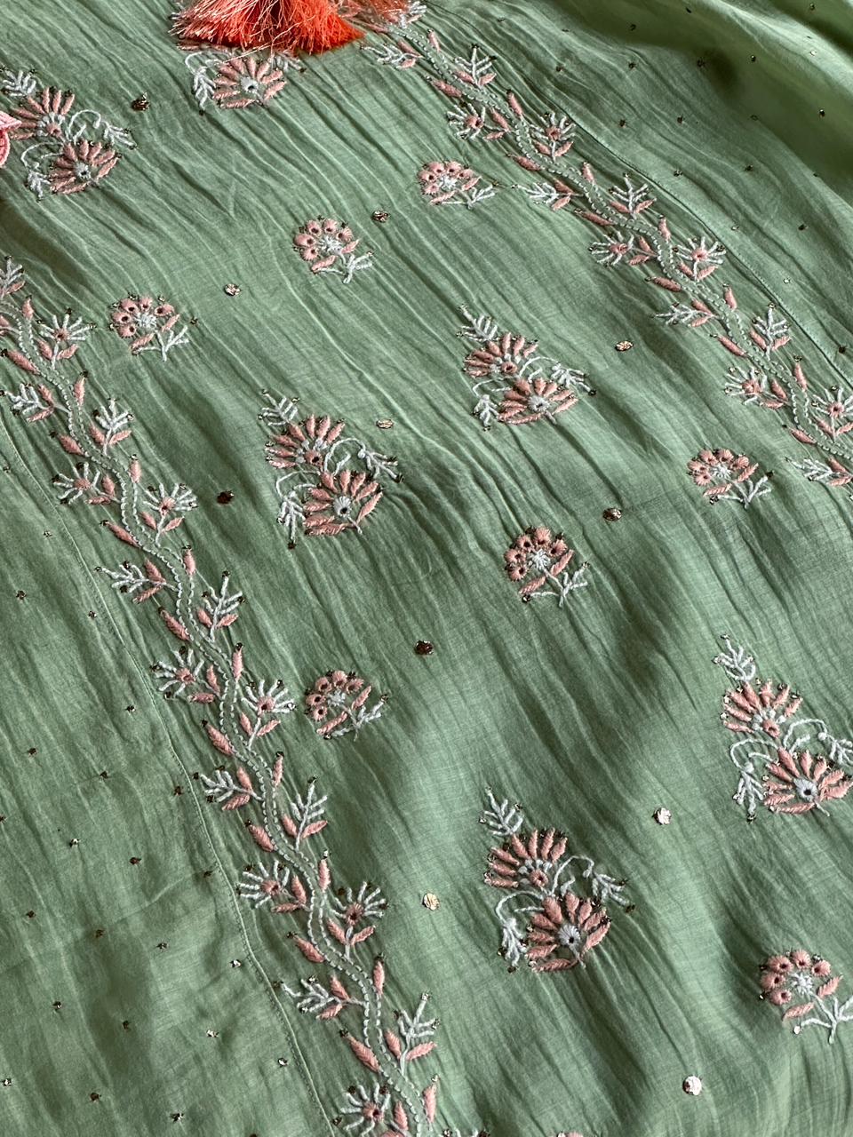 Pastel Olive Shade Malmal Mukaish Kamdani Chikankari Stitched Kurta Dupatta Set