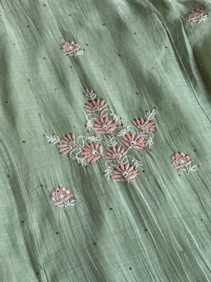 Pastel Olive Shade Malmal Mukaish Kamdani Chikankari Stitched Kurta Dupatta Set