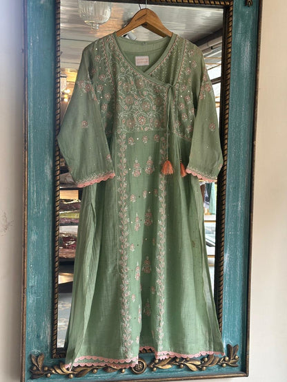 Pastel Olive Shade Malmal Mukaish Kamdani Chikankari Stitched Kurta Dupatta Set