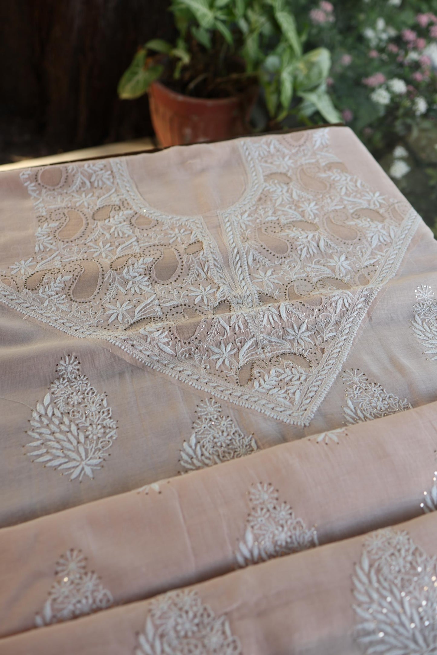 Pastel Peach Daraz Chikankari Kurta Fabrics
