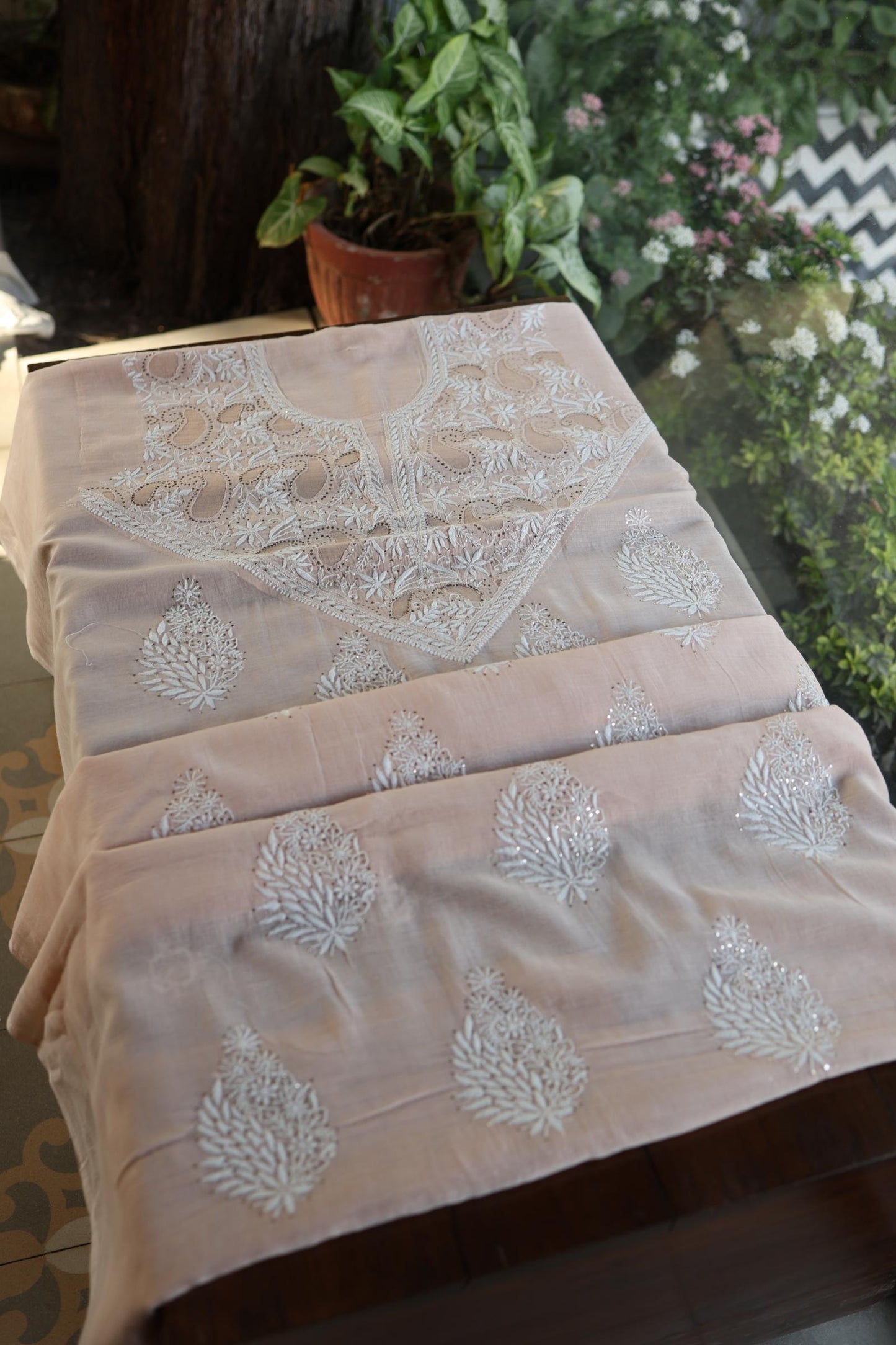 Pastel Peach Daraz Chikankari Kurta Fabrics