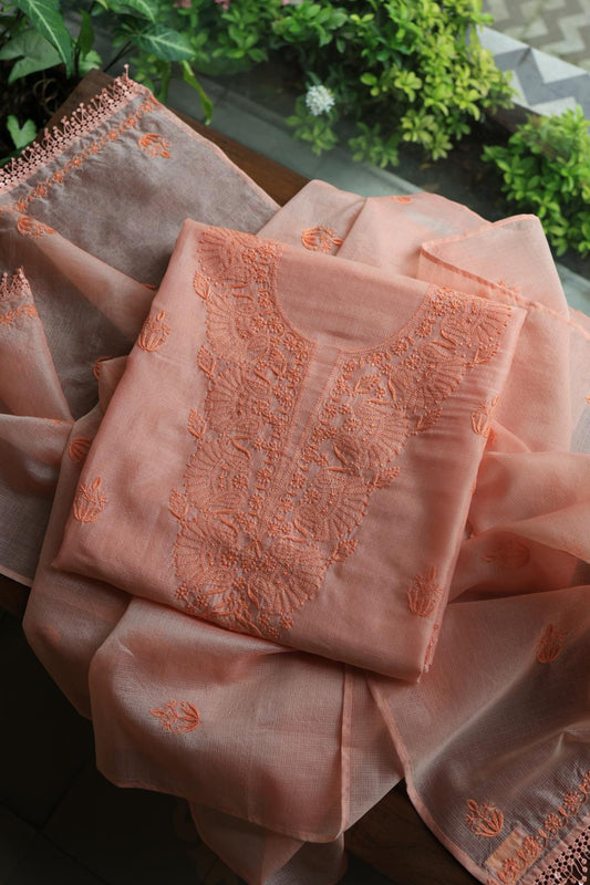 Pastel Peach Kota Chikankari Unstitched Fabric