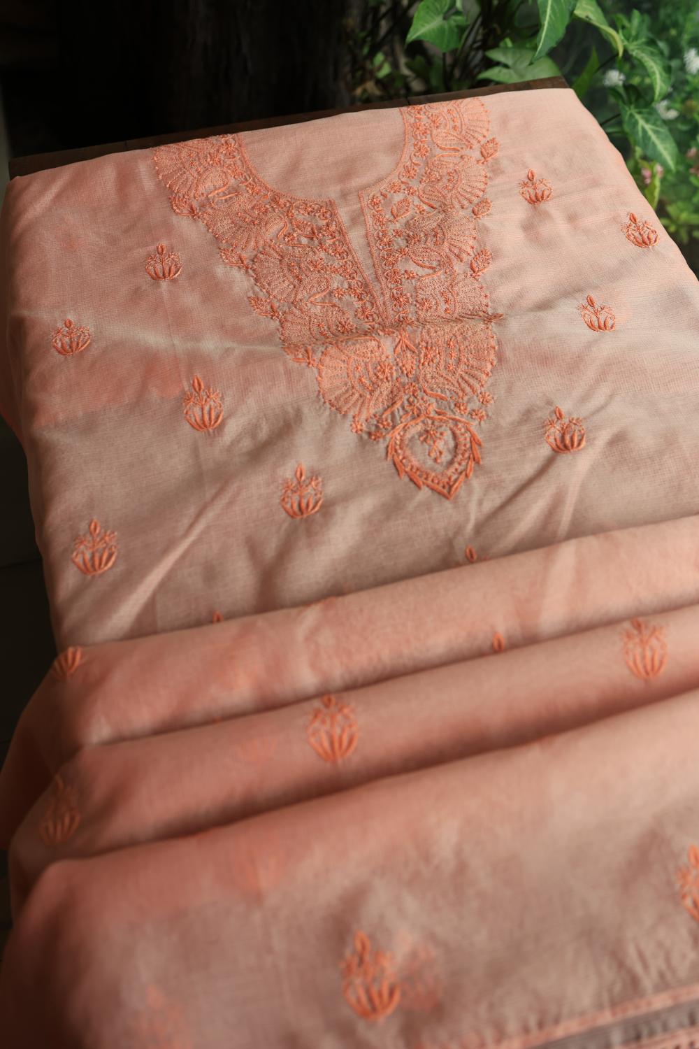 Pastel Peach Kota Chikankari Unstitched Fabric