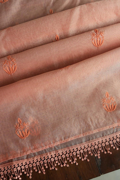 Pastel Peach Kota Chikankari Unstitched Fabric