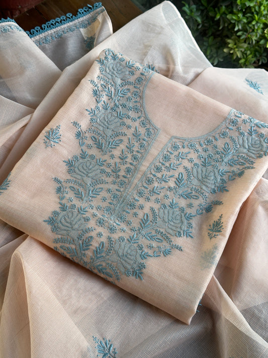 Pastel Peach Kota Chikankari Unstitched Fabrics