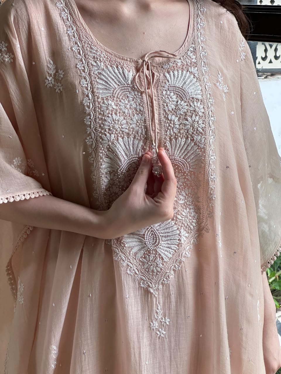 Pastel Peach Malmal Sequinned Chikankari Kaftan