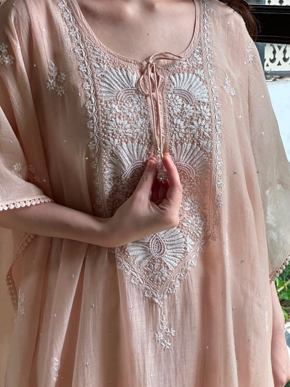 Pastel Peach Malmal Sequinned Chikankari Kaftan