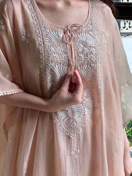 Pastel Peach Malmal Sequinned Chikankari Kaftan