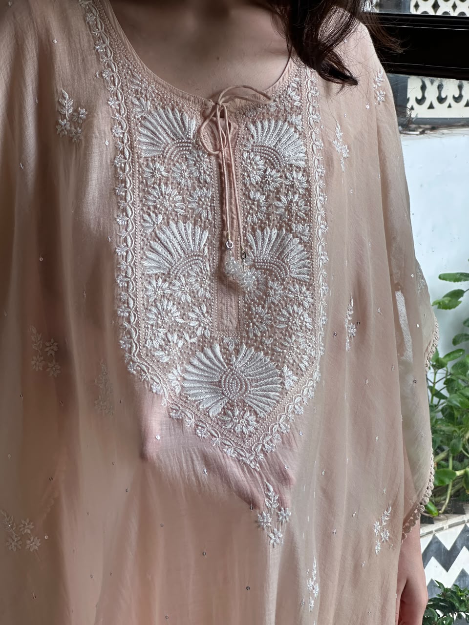 Pastel Peach Malmal Sequinned Chikankari Kaftan