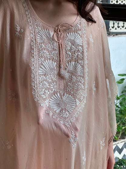 Pastel Peach Malmal Sequinned Chikankari Kaftan