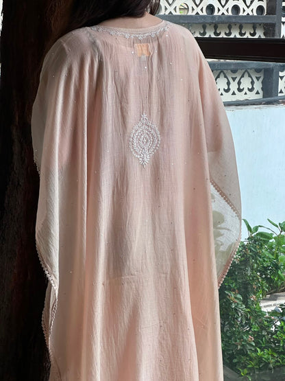 Pastel Peach Malmal Sequinned Chikankari Kaftan