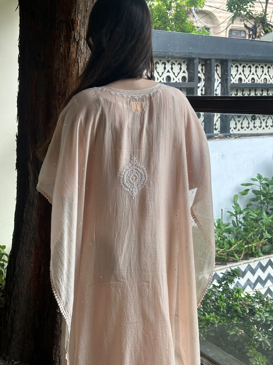 Pastel Peach Malmal Sequinned Chikankari Kaftan