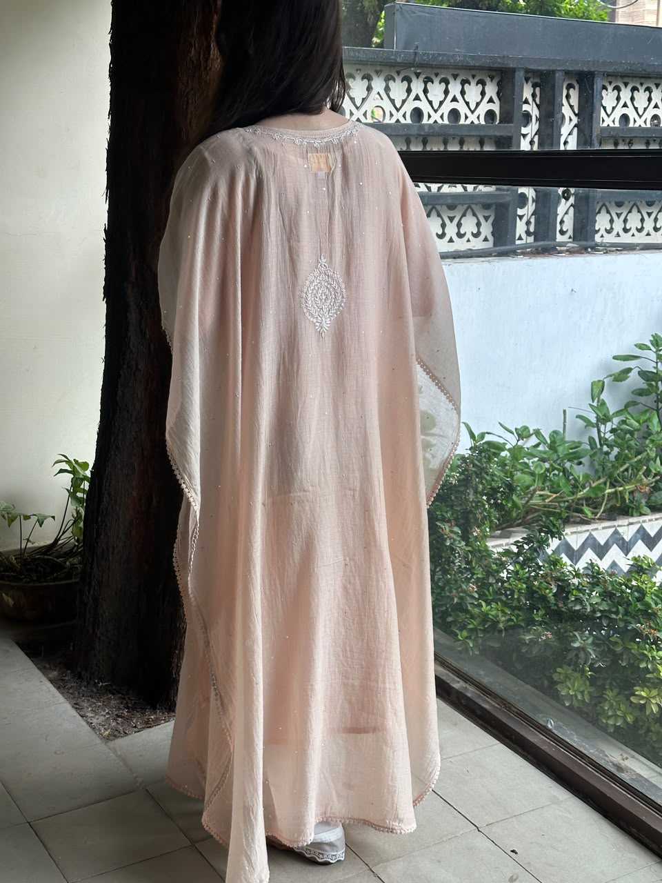 Pastel Peach Malmal Sequinned Chikankari Kaftan