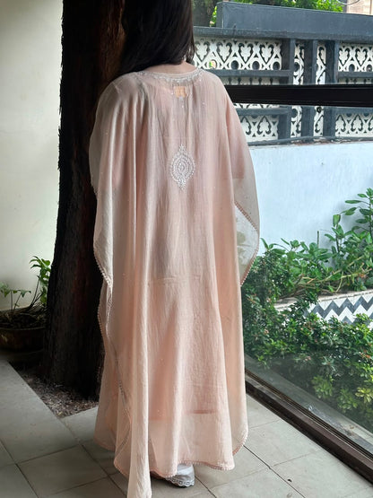 Pastel Peach Malmal Sequinned Chikankari Kaftan