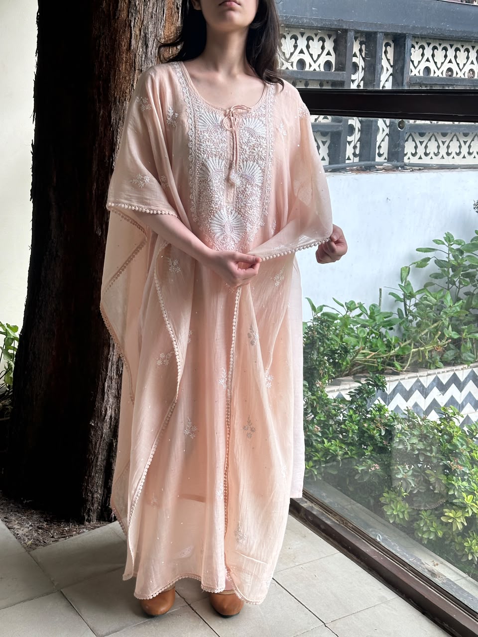 Pastel Peach Malmal Sequinned Chikankari Kaftan