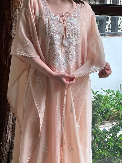 Pastel Peach Malmal Sequinned Chikankari Kaftan