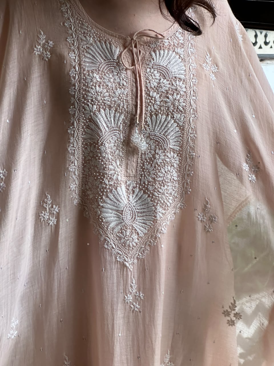 Pastel Peach Malmal Sequinned Chikankari Kaftan