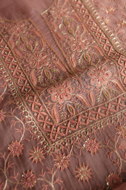 Pastel Peach Noor Organza Silk Chikankari Unstitched Kurta Dupatta Set