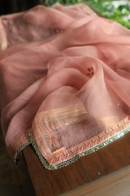 Pastel Peach Noor Organza Silk Chikankari Unstitched Kurta Dupatta Set