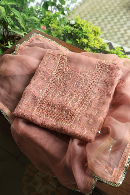 Pastel Peach Noor Organza Silk Chikankari Unstitched Kurta Dupatta Set