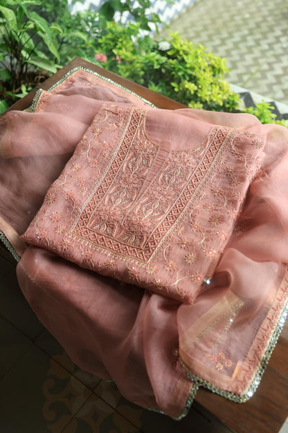 Pastel Peach Noor Organza Silk Chikankari Unstitched Kurta Dupatta Set