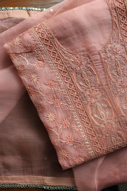 Pastel Peach Noor Organza Silk Chikankari Unstitched Kurta Dupatta Set