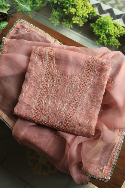 Pastel Peach Noor Organza Silk Chikankari Unstitched Kurta Dupatta Set