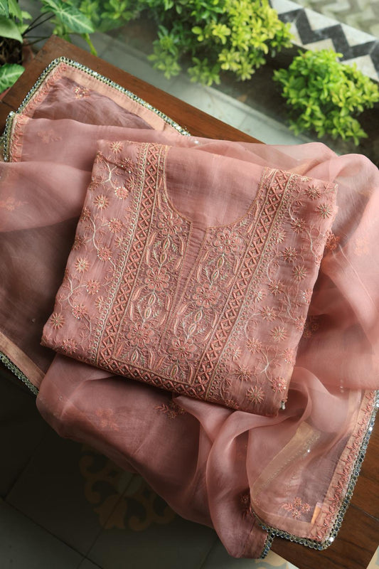 Pastel Peach Noor Organza Silk Chikankari Unstitched Kurta Dupatta Set