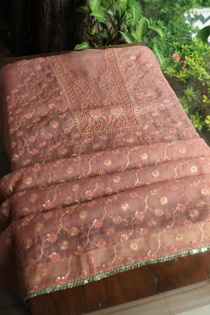 Pastel Peach Noor Organza Silk Chikankari Unstitched Kurta Dupatta Set