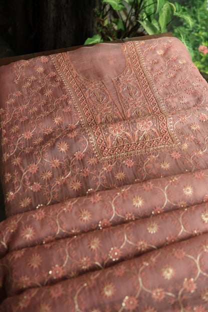 Pastel Peach Noor Organza Silk Chikankari Unstitched Kurta Dupatta Set
