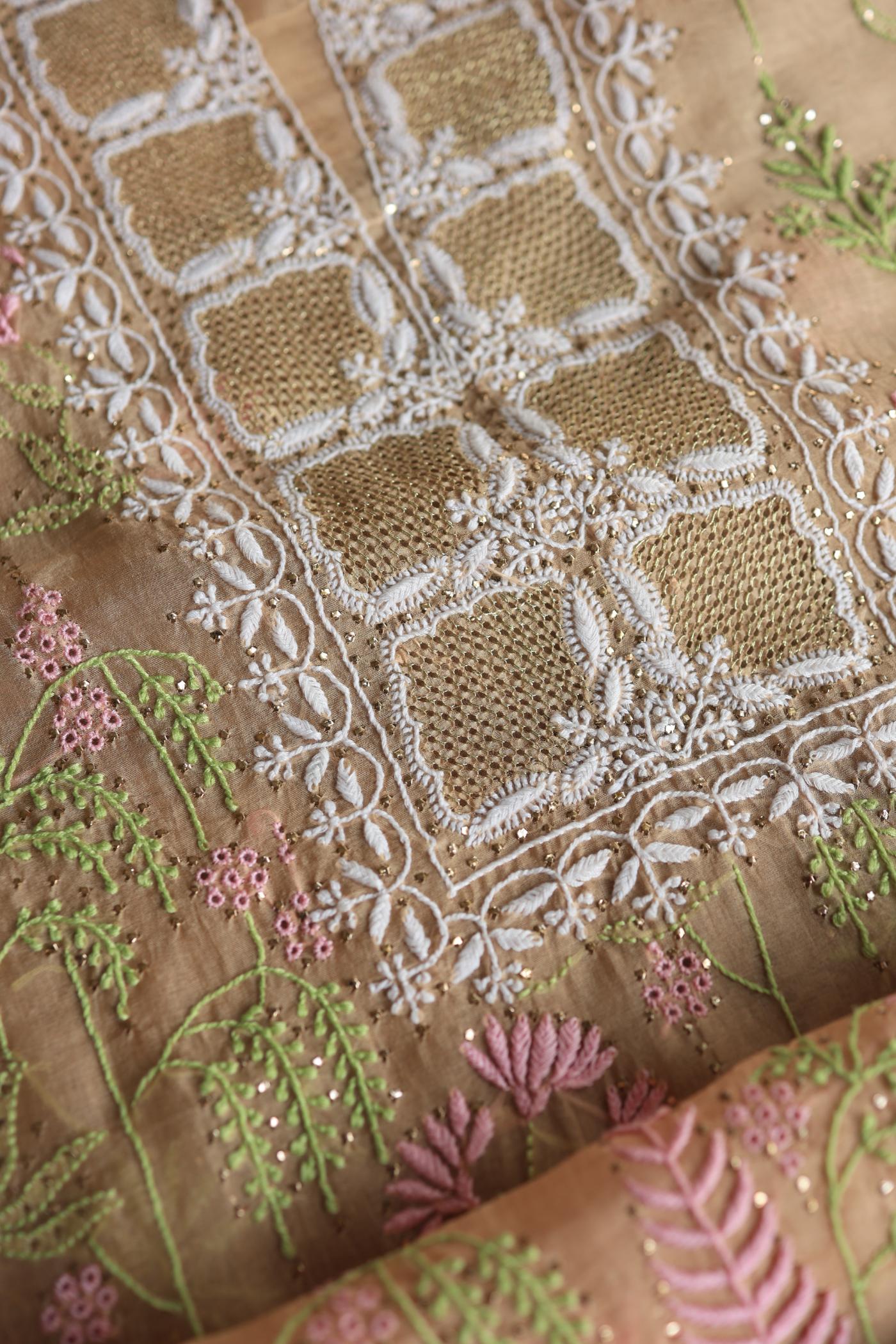 Pastel Peach Noor Organza Silk Chikankari With Kamdani Fabric