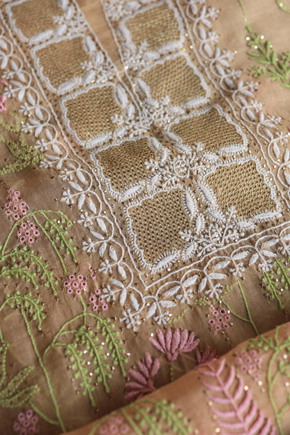 Pastel Peach Noor Organza Silk Chikankari With Kamdani Fabric